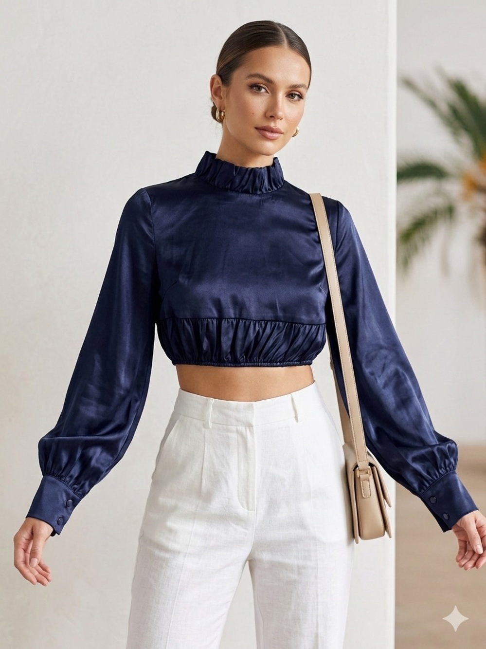 Lioness x WeWoreWhat Sweet N Selfish Satin Crop Top Navy Medium